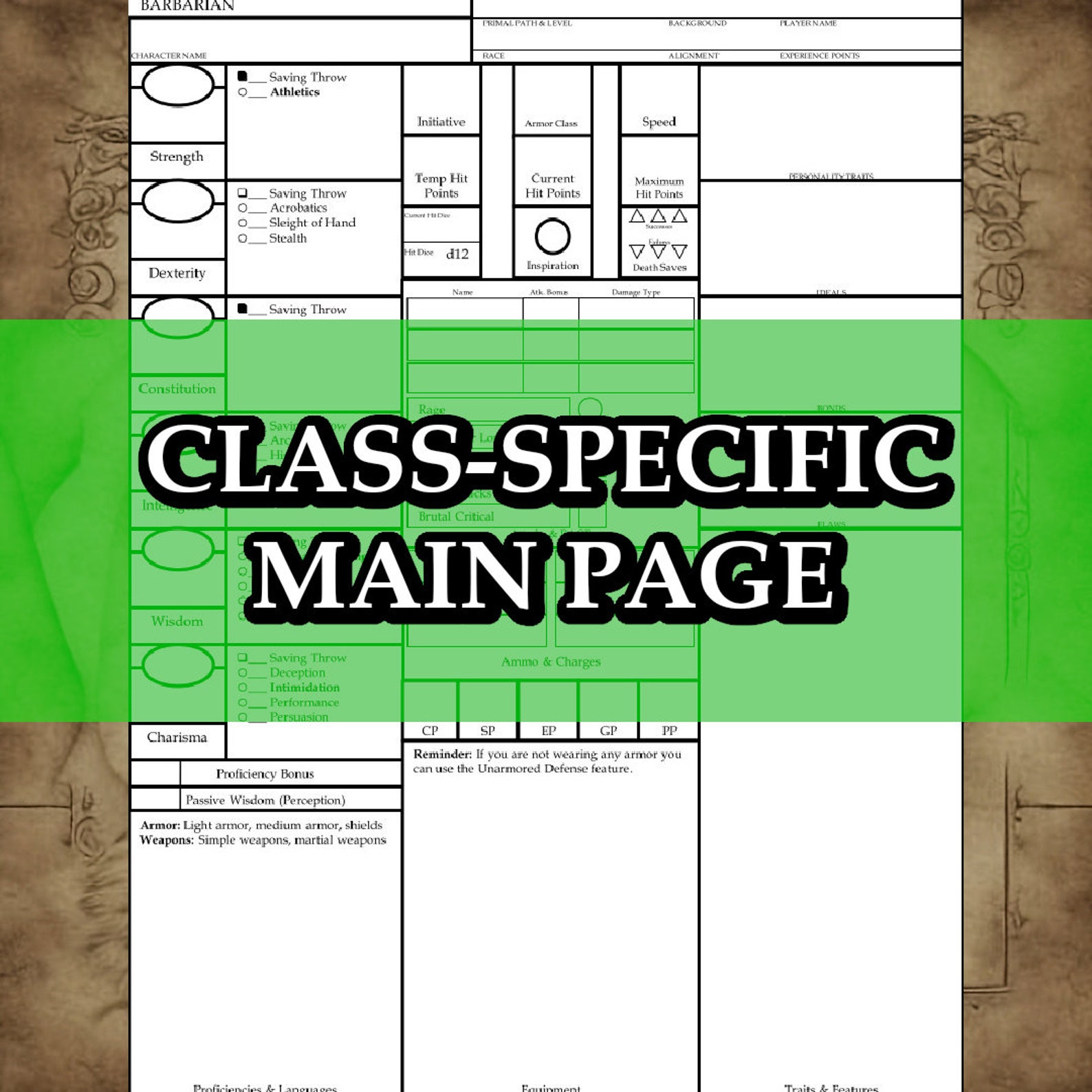 Printable Dnd 5e Barbarian Class Character Sheet Fifth Edition D&amp;D - Etsy