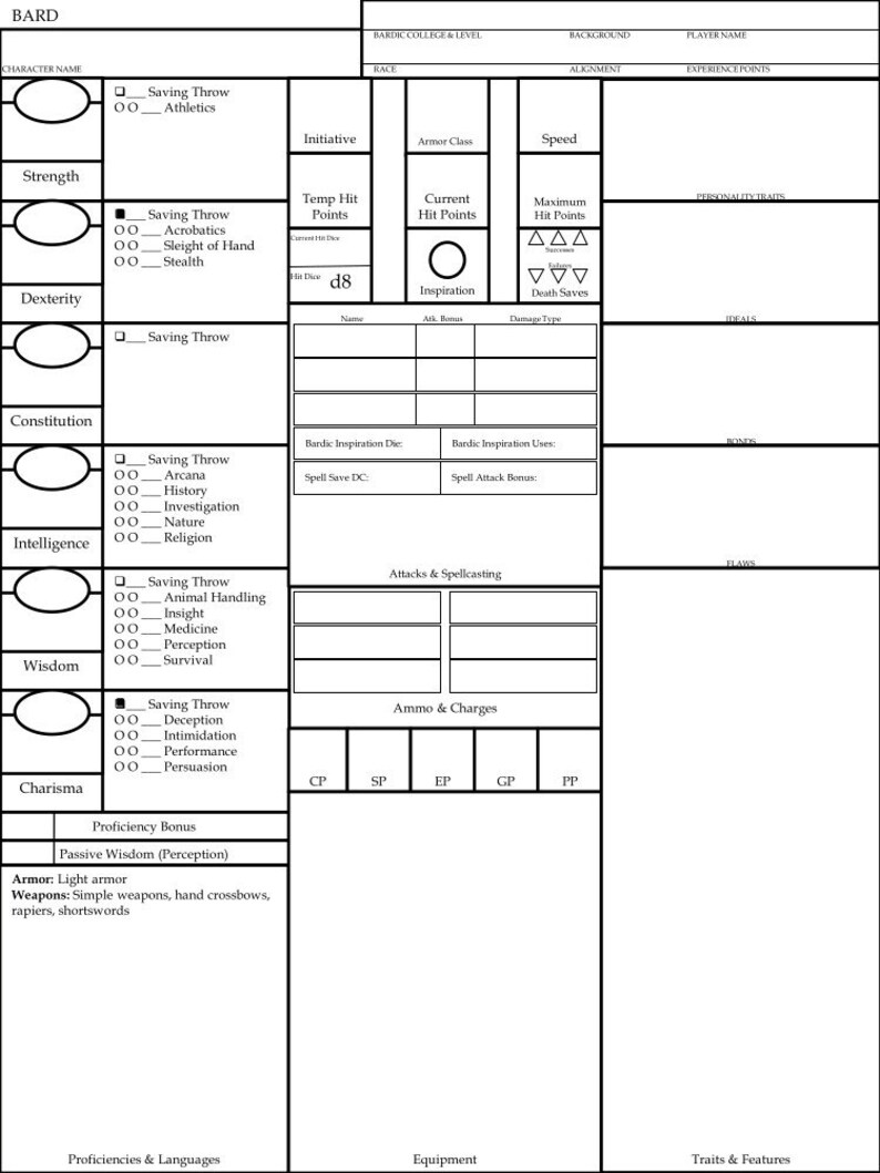 Bard Character Sheet 5E