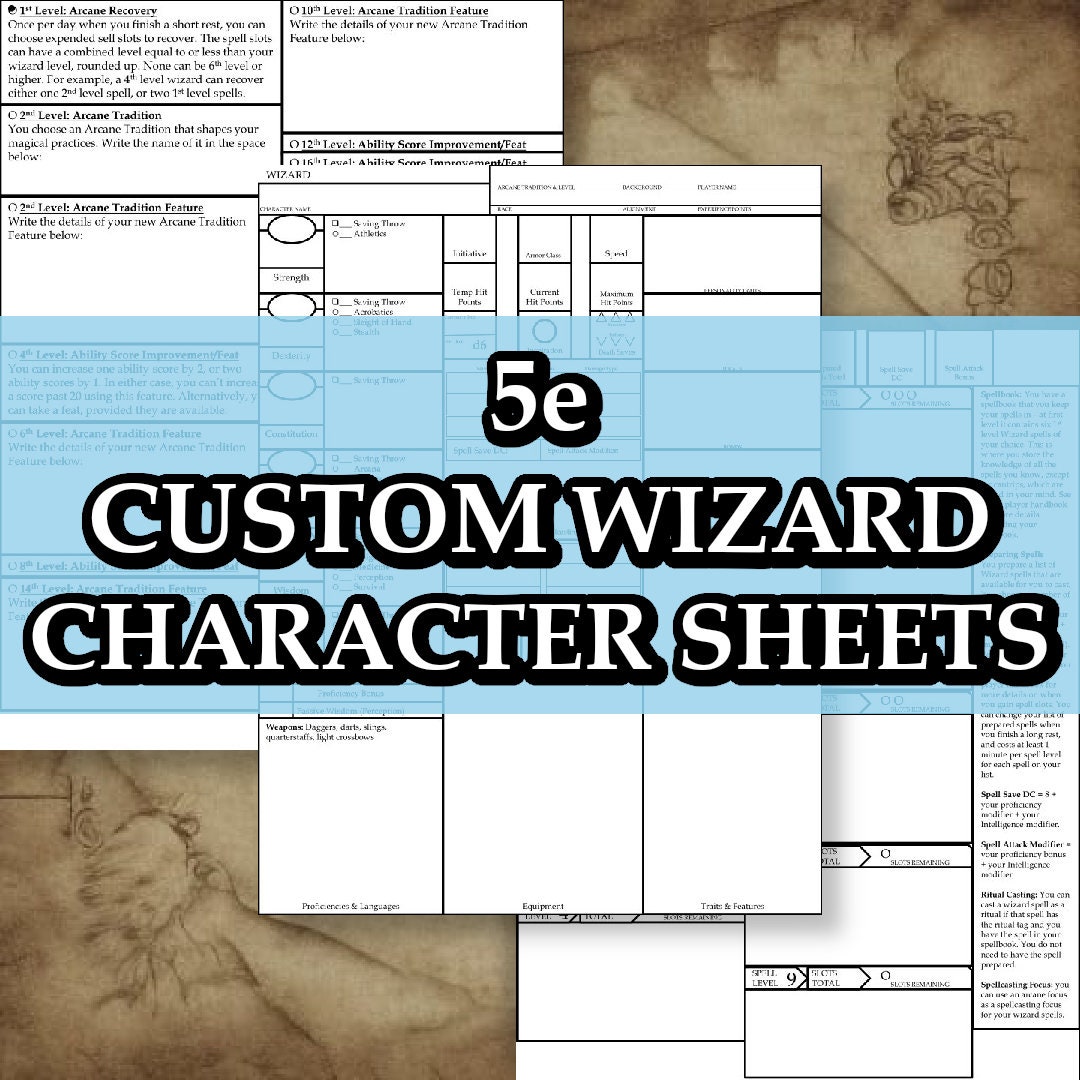 Printable Dnd 5e Wizard Class Character Sheet Fifth Edition D&amp;D - Etsy