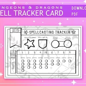 Cartão PDF ilustrado em branco Spell Tracker para Dungeons and Dragons 5ª edição