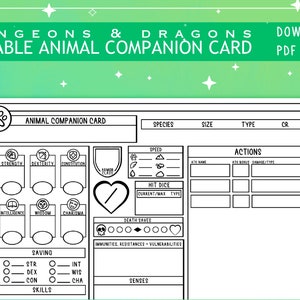 Illustrated PDF Animal Companion Card for Dungeons and Dragons 5th Edition | Form Fillable