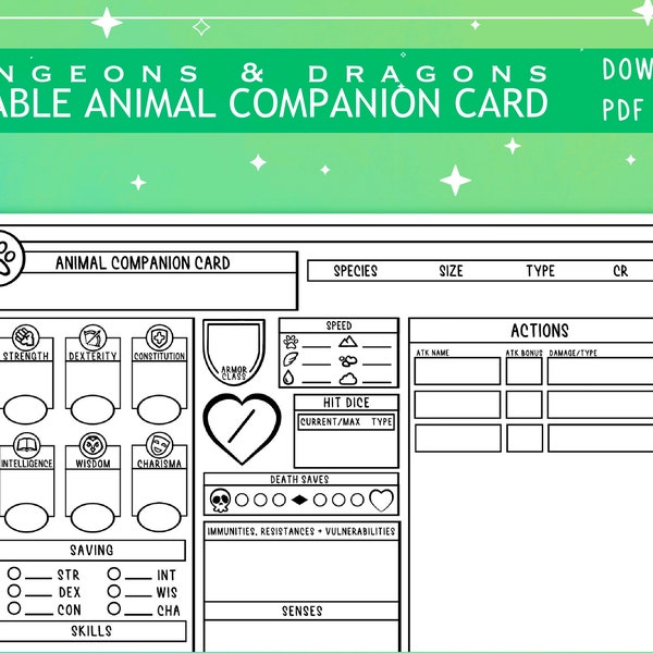 PDF ilustrado Animal Companion Card para Dungeons and Dragons 5.ª edición/formulario rellenable