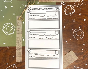May include: A printable attack roll cheat sheet for tabletop role-playing games. The sheet has three sections with spaces to fill in attack bonus, ability modifier, and extra damage. The text "Attack Roll Cheat Sheet" is at the top of the sheet.