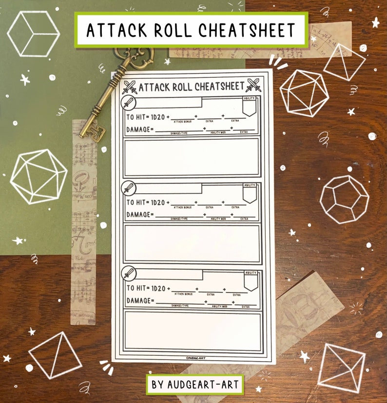 May include: A printable attack roll cheat sheet for tabletop role-playing games. The sheet has three sections with spaces to fill in attack bonus, ability modifier, and extra damage. The text "Attack Roll Cheat Sheet" is at the top of the sheet.