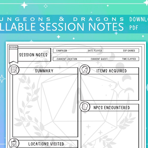 Illustrated PDF Session Notes Sheet | Printable, Form Fillable, DnD, D&D, 5e, ttrpg, dnd gifts
