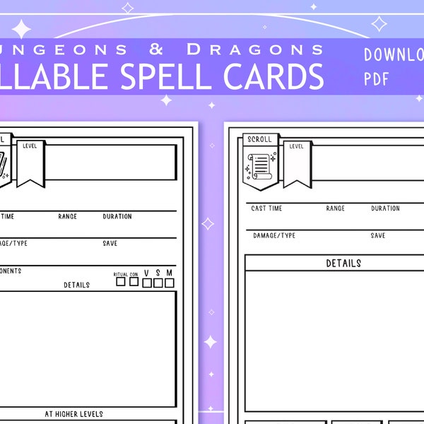 Puste ilustrowane karty zaklęć i zwojów w formacie PDF do gry Dungeons and Dragons 5. edycja | Formularz do wypełnienia
