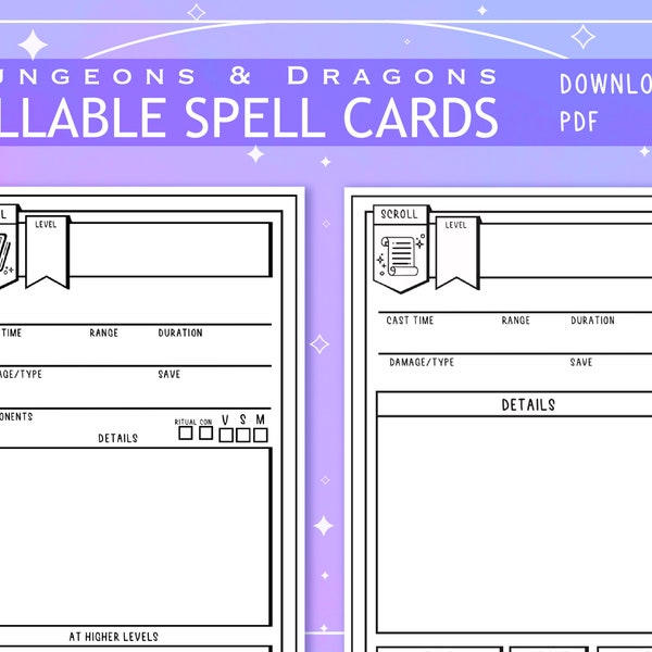 Blank Illustrated PDF Spell and Scroll Cards for Dungeons and Dragons 5th Edition | Form Fillable