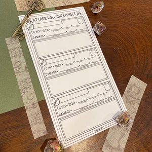May include: A printable Dungeons and Dragons attack roll cheat sheet with three sections for recording attack rolls and damage. Each section has spaces for attack bonus, ability modifier, and extra dice.