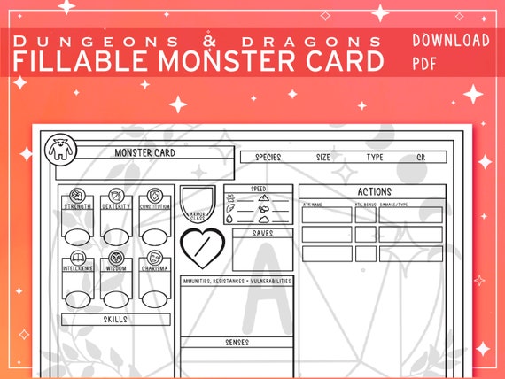Illustrated PDF Monster Card for Dungeons and Dragons 5th Edition | Form Fillable
