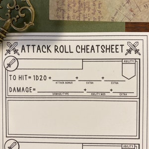 May include: A black and white printable attack roll cheatsheet for tabletop role-playing games. The sheet includes spaces to fill in attack bonus, damage type, ability modifier, and extra details.
