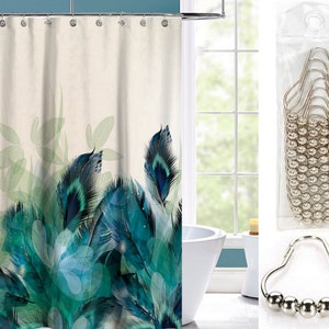 Bohemia Animal Bird Teal Gradient Feathers Waterproof Fabric Shower Curtain Set 