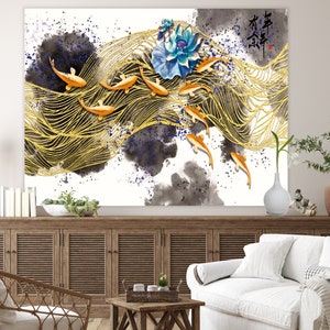 Tapisserie Wandbehang Foto Hintergrund; Japanische Koi Fisch Kunst Ästhetische Wandteppiche Abstrakte Moderne Kunst Bild Akzent Strand Küsten Kunstwerk