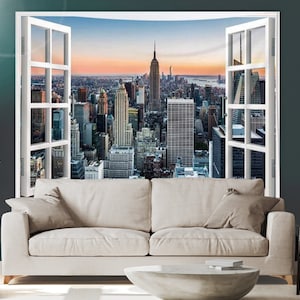 City Skyline New York Style Wall Hanging Modern Backdrop Architecture Tapestry Wall Hanging Trendy Background Boys Bedroom Game, Living Room