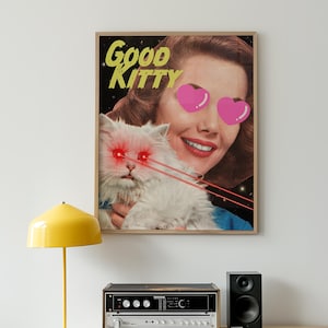Good Kitty (laserogen) kunstafdruk | Grappige ruimtekat retro vintage surrealistische scifi-poster met hartogen
