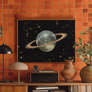 Impresión artística de Saturno Disco (paisaje) / Póster de collage cósmico espacial con bola de discoteca, planeta surrealista, bola de espejos, música y baile