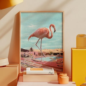 Stampa artistica "Fenicottero in vacanza" / Poster collage vintage con uccello rosa, animale surreale, retrò, deserto, ranch
