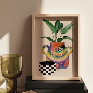 Impresión artística de una planta de interior (naturaleza muerta) / Póster retro de collage de cuadros botánicos vintage en técnica mixta