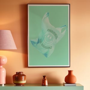 Grazie di niente Stampa artistica / Poster collage verde con faccina sorridente e sacchetto di plastica retrò da asporto