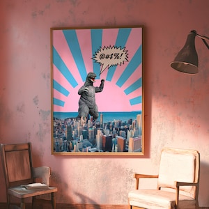 Impresión artística de monstruo en la ciudad (@#%!) / Póster de collage con diseño gráfico de lagarto, cómic, anime japonés, ciencia ficción, surrealista y retro