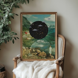 Impression d'art escapade extraterrestre | Poster collage vintage surréaliste paysage montagneux extraterrestres OVNI science-fiction trippy