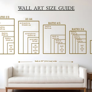 May include: A wall art size guide with different ratios and measurements in inches and centimeters. The guide shows the dimensions of various sizes of wall art, including 2:3, 4:5, and 3:4 ratios. The guide also includes a sofa that is 99 inches wide, which is 251.5 centimeters.