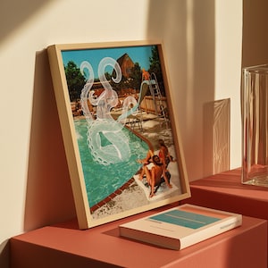 Stampa artistica di Octopus Splash / Illustrazione di una piscina con tentacoli surreali, stile retrò anni '80, tecnica mista