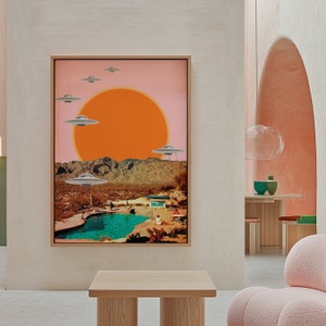 Sono arrivati! Stampa artistica / Poster collage vintage retrò fantascientifico surreale UFO tramonto psichedelico alieni deserto