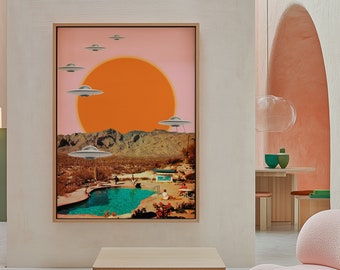 They've Arrived | Retro Sci-Fi Art Print: Surreal UFO Desert Sunset Collage