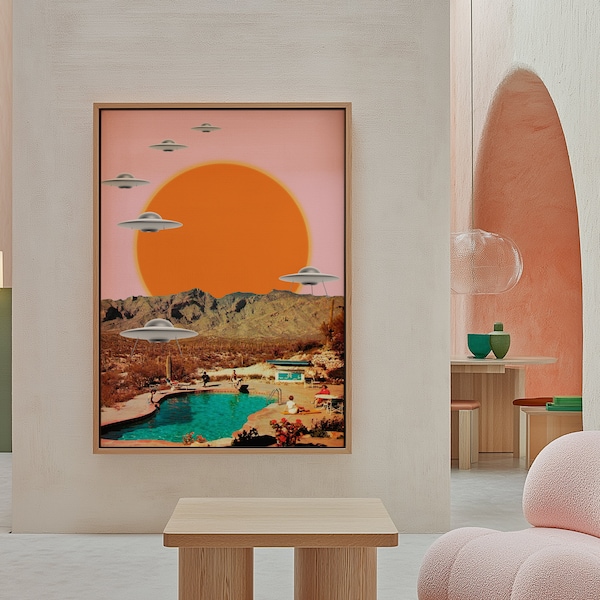 They've Arrived | Retro Sci-Fi Art Print: Surreal UFO Desert Sunset Collage