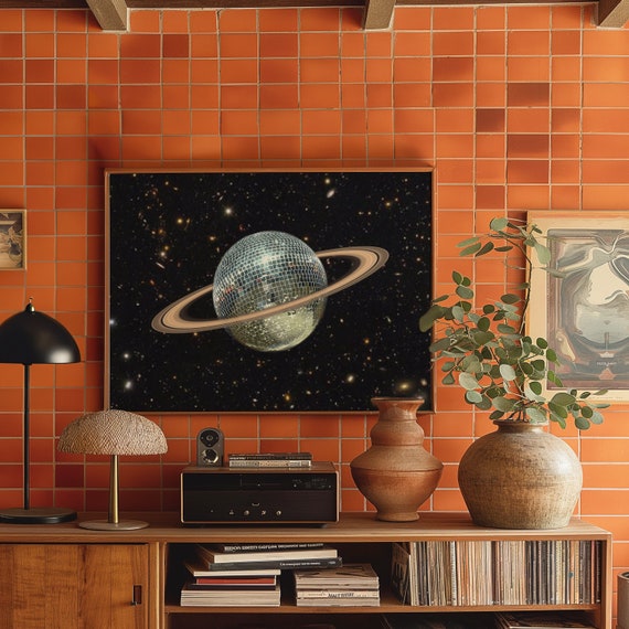 Saturn Disco Ball Art Print | Surreal Cosmic Collage | Space Landscape Poster