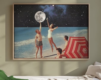 Reaching for the Moon Art Print | Cosmic Retro Surreal Romantic Collage Vintage Beach Poster Decor