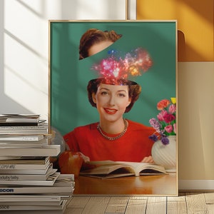 Feuerwerk in meinem Kopf (Der Leser) Kunstdruck | Surreal Buntes Retro Trippy Dopamin Mindblown Bücherwurm Poster (Geschenk für Buchliebhaber)