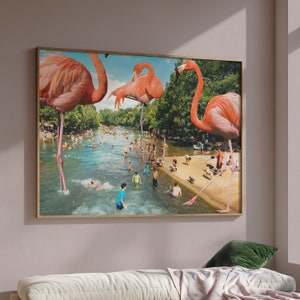 Stampa artistica Flamingo Shore / Poster collage estivo con uccelli rosa surreali, spiaggia, nuoto e vacanze