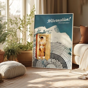 Letargo! Non solo per orsi, stampa artistica / Surreale chalet invernale, sauna, montagna, poster pubblicitario vintage con collage divertente