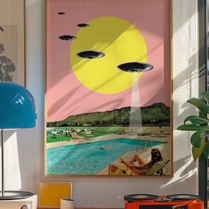 Stampa artistica "Invasione in vacanza" (UFO alle Hawaii) / Poster collage surreale di UFO, fantascienza retrò, alieni, piscina, cielo rosa e psichedelico