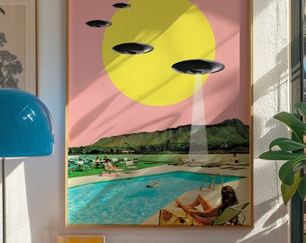 Invasion on Vacation | UFOs in Hawaii Art Print | Retro Sci-Fi Surreal Collage