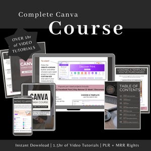 May include: A digital educational product titled Complete Canva Course featuring over 1 hour of video tutorials. The display includes multiple document pages, a tablet screen, and a smartphone screen showing Canva interface guides, a table of contents, and instructional text for beginners.
