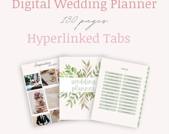 Op de afbeelding: Digitale bruiloftplanner met 130 pagina's en hyperlinks. De planner heeft een omslag met groene bladeren en de woorden "wedding planner". De planner bevat een inspiratiebord en een index met checklists.