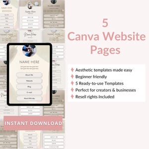 May include: A digital product showcasing five Canva website page templates. The design features a neutral color palette with text that reads "Canva Website Pages" and "Instant Download." The templates are designed for creators and businesses.