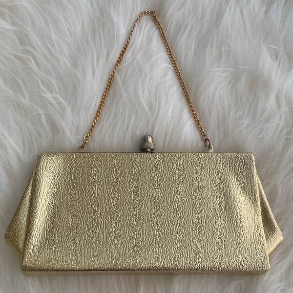 Vintage N/C Textured Gold Metallic Top Frame Clutch Evening Bag Gold Chain Bullet Clasp