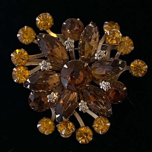 Vintage Light and Dark Amber Rhinestone Goldtone Brooch Pin