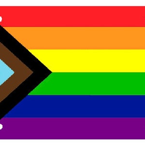 May include: A pride flag with a black, brown, light blue, pink, yellow, green, dark blue, and purple stripe pattern. The flag has a black, brown, light blue, and pink chevron in the top left corner.
