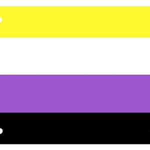 May include: A horizontal flag with four stripes. The top stripe is yellow, the second stripe is white, the third stripe is purple, and the bottom stripe is black.
