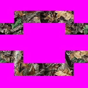 May include: A pink Chevrolet logo with a camouflage pattern. The logo is a stylized bow tie shape, with the camouflage pattern visible within the bow tie's segments. The background is a solid bright pink.