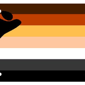 May include: A brown, orange, beige, white, and black bear pride flag with a black bear paw print in the top left corner.
