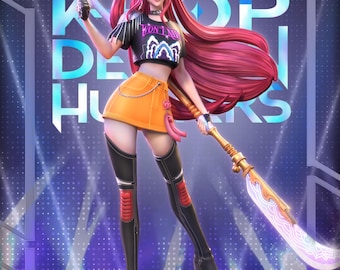 May include: A detailed figurine of a female character with long red hair, wearing a black crop top with the text "WON'T", an orange skirt, and black boots. She holds a sword and a smaller weapon. The base has the text "NEKO Figurines" and "Patreon.com".