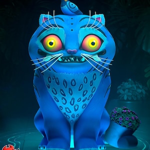 May include: A vibrant blue cat-like creature with large yellow eyes and a patterned chest. A blue bird wearing a hat sits atop its head. The creature has a wide grin and long whiskers. The image includes the text "PATREON" and "H3LL CREATOR".