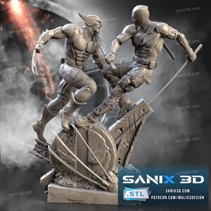 May include: A 3D printed model of a battle scene between Wolverine and Deadpool. The figures are posed in a dynamic action stance, with Wolverine holding his claws and Deadpool wielding a katana. The base of the model is a broken piece of concrete with a circular platform in the center.