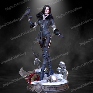 May include: A detailed figurine of a woman with long black hair, wearing a black leather outfit with a white shirt and a silver necklace. She is holding a black raven in her right hand and is standing on a snowy base with a skull and a sword.