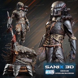 May include: Two Predator figures, one in a traditional camouflage design and the other in a more armored, metallic design. Both figures are holding weapons and have detailed facial features. The figures are standing on a base with a Predator skull design.